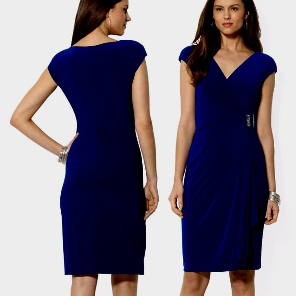 American Living Dress Women's Brooch-Accent Drape Sheath Dress Navy Blue Size 2